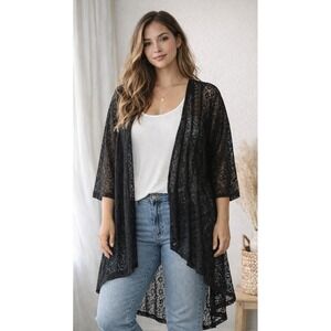 Black Lace Kimono Cardigan LuLaRoe Sz M Open Front Sheer Cover Up Boho Festival